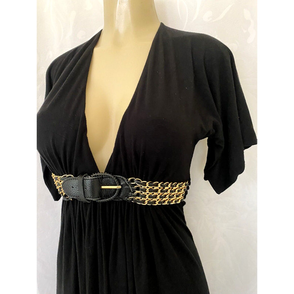 SKY Mini Dress Black Deep V neck Belt Chain Open Back Flutter Sleeve M - Picture 3 of 5